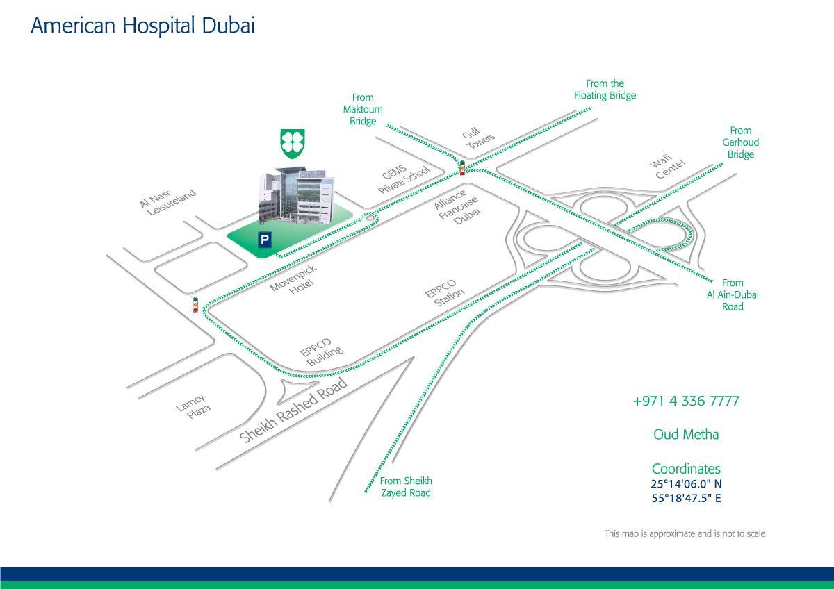 kaart van American hospital in Dubai